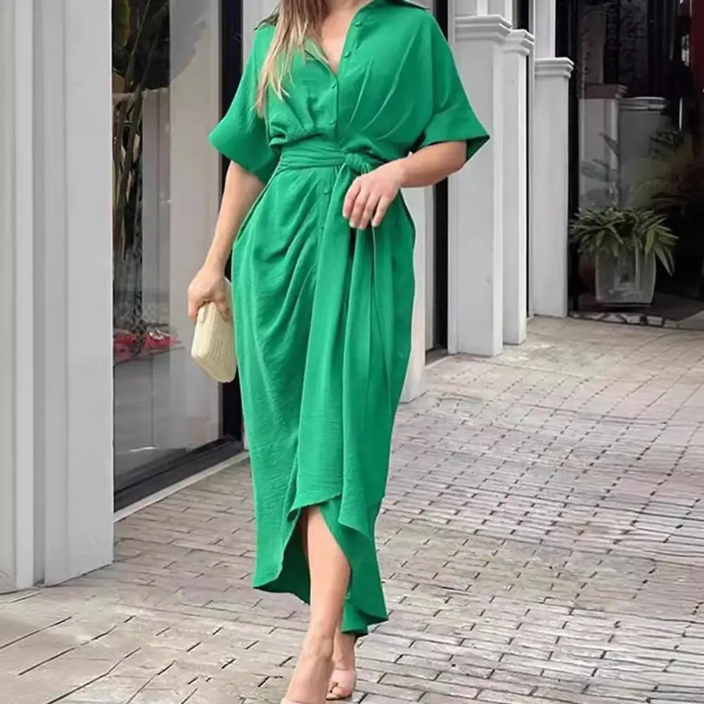 

Casual Dress Casual Shirt Dress Elegant Lace-up Maxi Dress with Turn-down Collar Pleated Details for Women's Summer Wardrobe