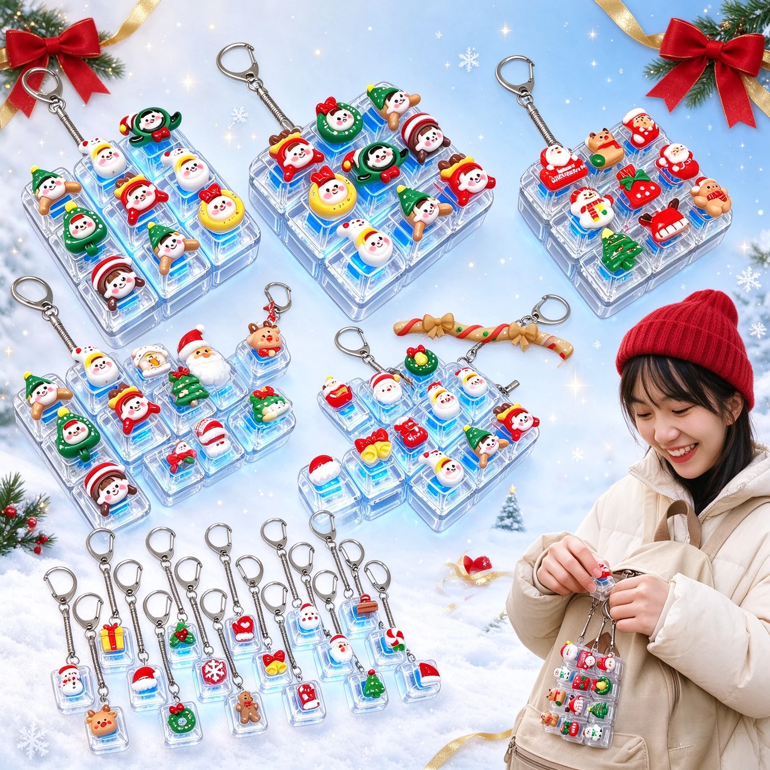 Sale Christmas Light Up Keychain Fidget Keyboard Keycap Acrylic Clicker Stress Relief with LED for Backpack Keyring Decor Gift