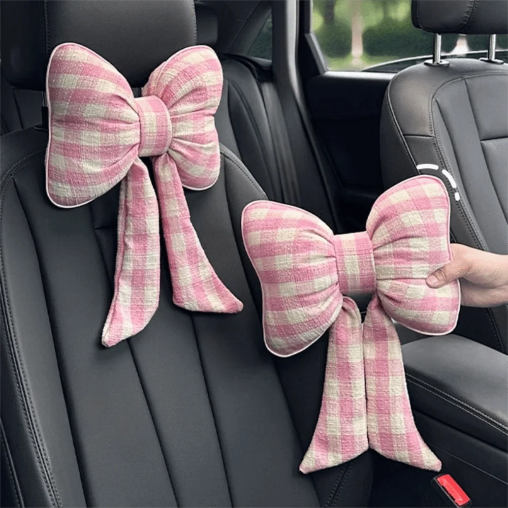 

Pink Color Bowknot Pillows Plaid Interior Grid Pattern Headrest Neck Pillow Cute Design Bowknot Shape Car Seat Neck Rest