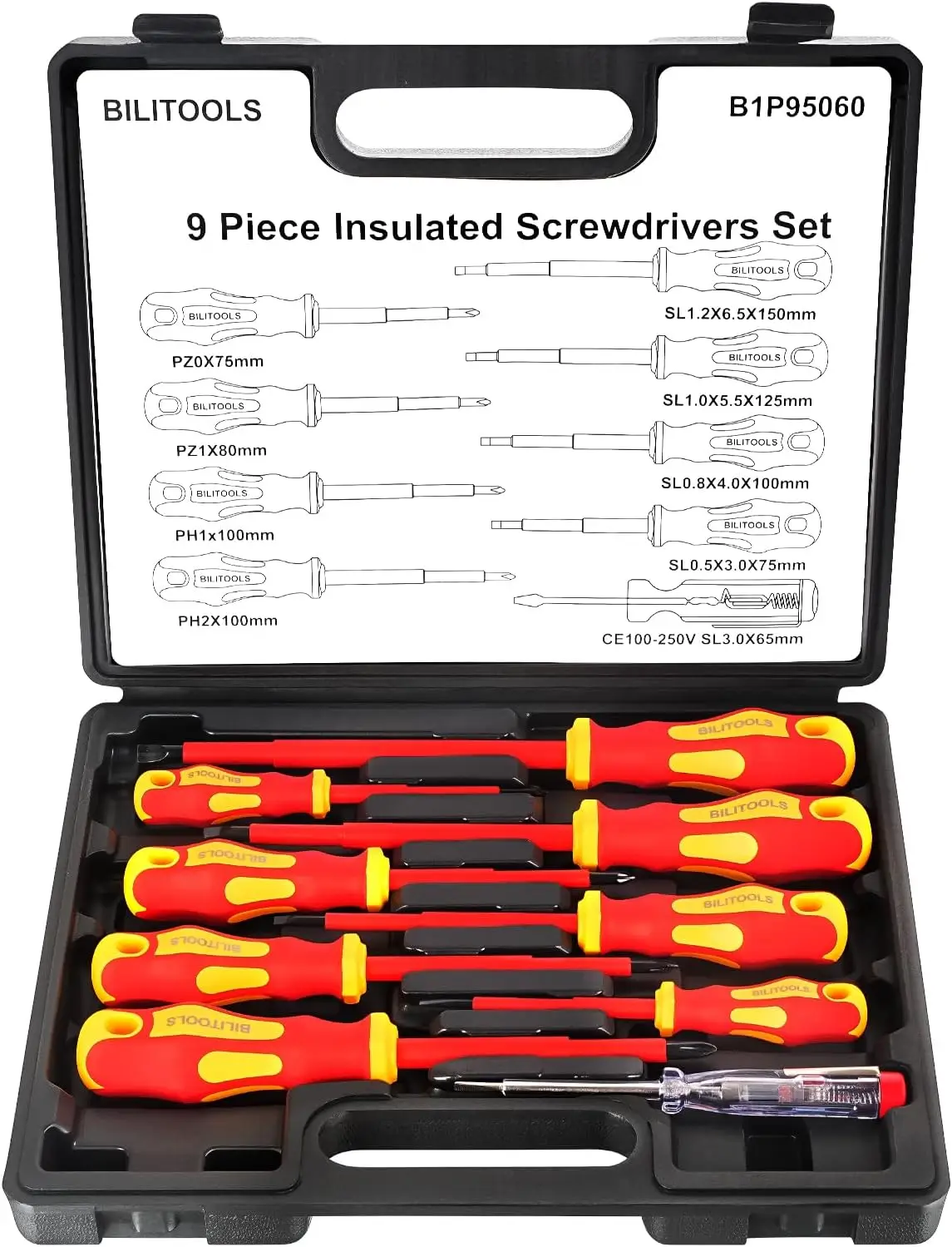 

9pcs 1000V Insulated Screwdriver Set, VDE Magnetic Phillips Slotted Pozidriv Tips for Electrician