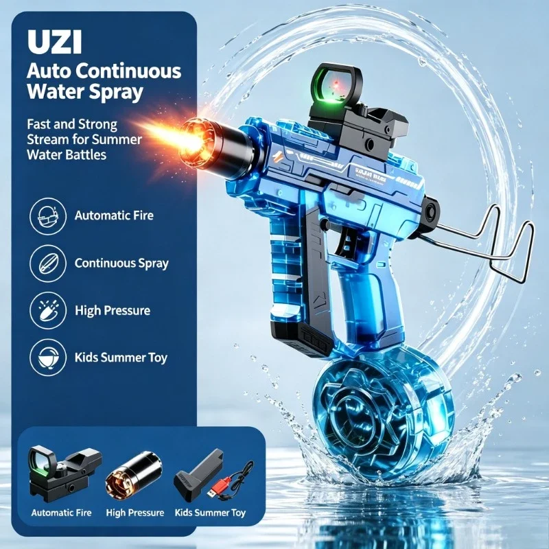 NEW Fire UZI Electric Water Blaster, Auto Continuous Water Spray with Recoil Effect Summer Water Play Toy for Kids