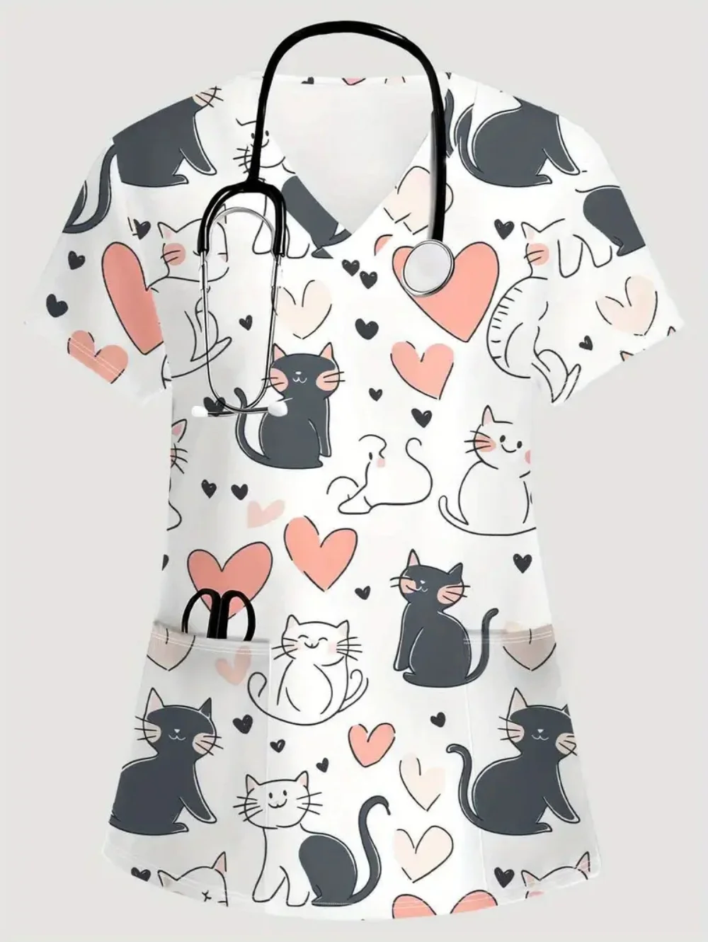 Veterinary Cat Cartoon Print Medical Uniforms Woman Fashion V-Neck Pocket Healthcare Scrub Leisure Dentist Uniform Nurse Woman