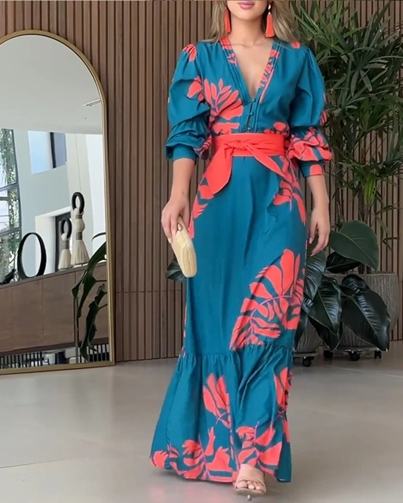 Deioao-vestido longo com decote V para mulheres, robes sexy, manga longa, solto, laço de flores, moda casual, viagem, roupas femininas, plus size