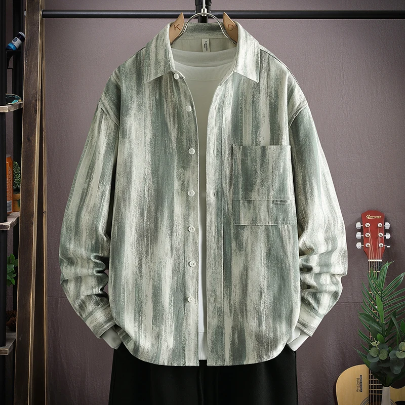

Fashion Men's Striped Cotton Denim Coats Spring Autumn Casual Loose Long Sleeve Shirts Jean Youth Street Wear Loose Top Clothing