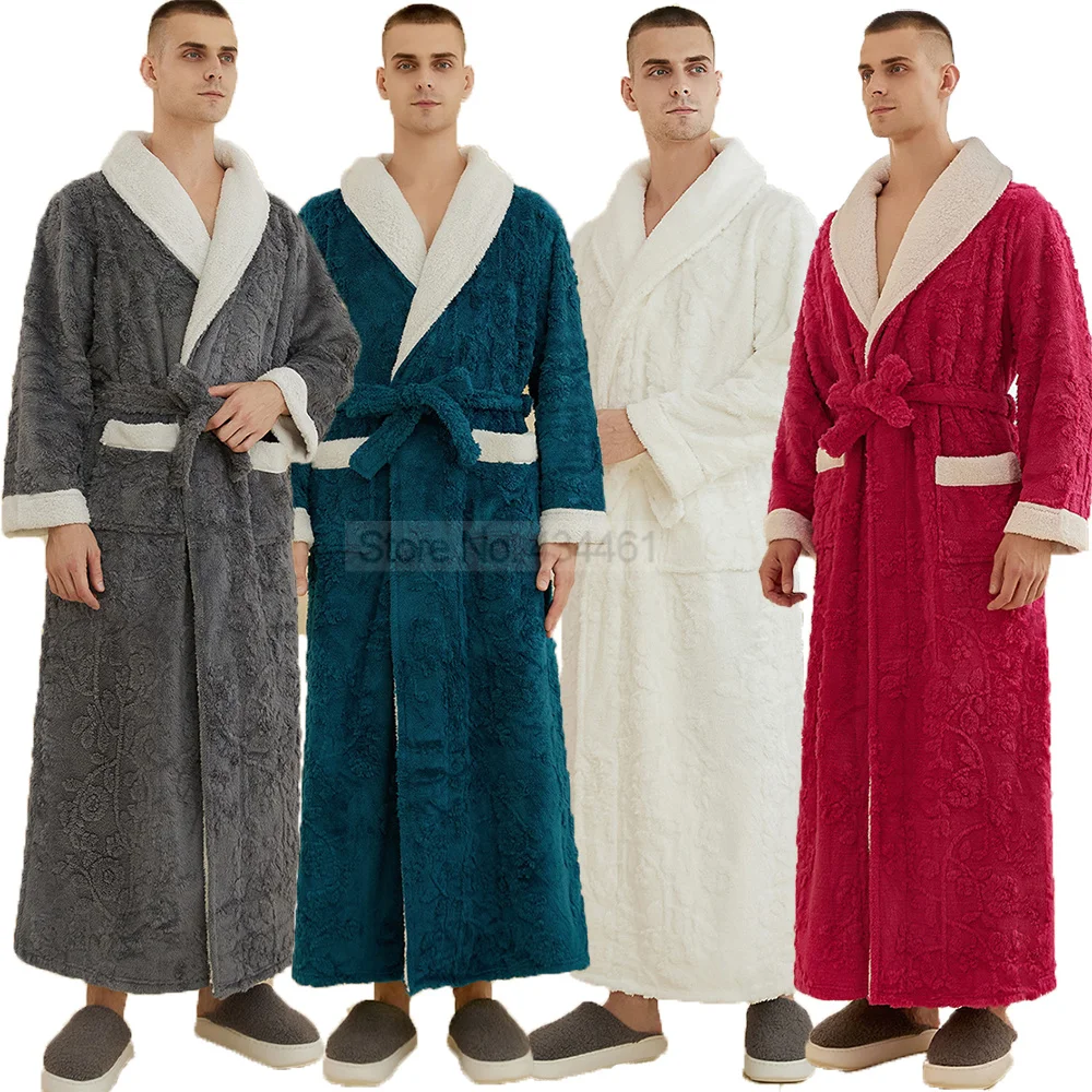 Engrossar pijamas de inverno xale colarinho robe masculino quimono roupão de banho com bolso flanela camisola loungewear jacquard nightwear