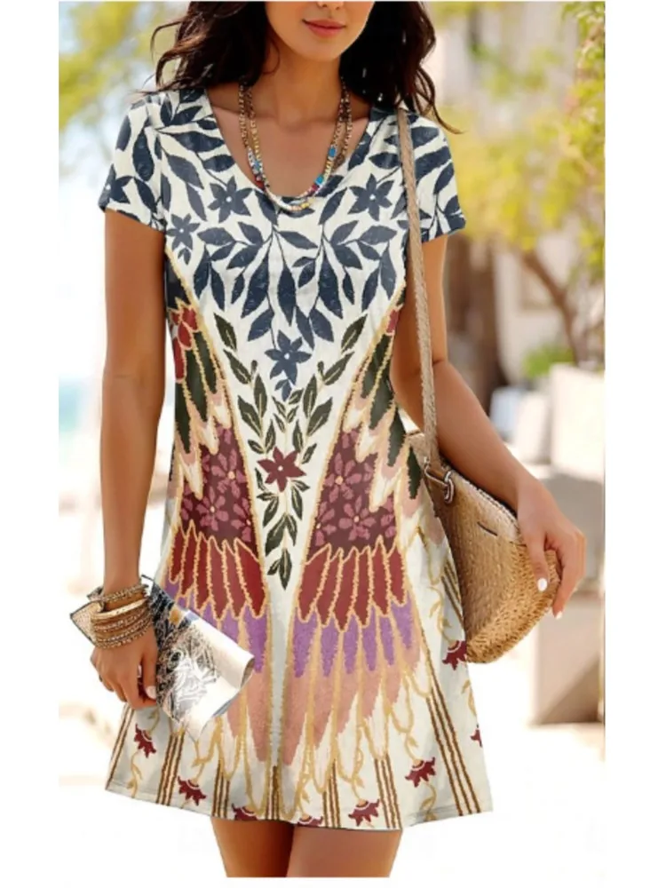 Elegant Summer Dress Women Casual V Neck Short Sleeve Flower Print Dress Boho Beach A Line Dress Female Vestidos