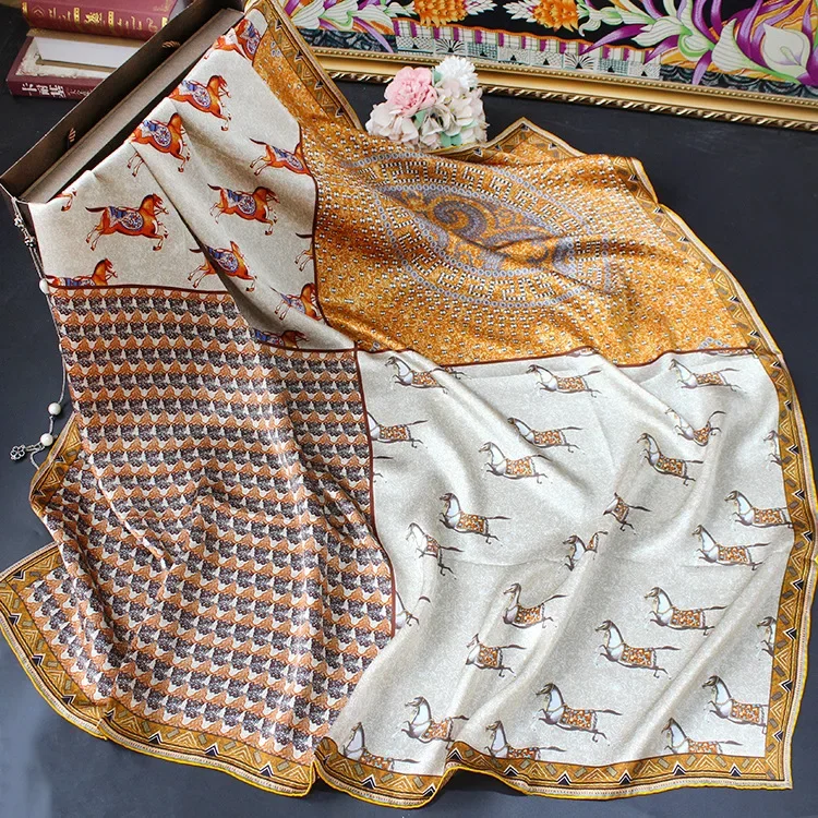 High-end Elegant Women Fine Four Plaid Patchwork Horse Print Quality Plain Satin Silk Hand-rolled Edge Large Square Scarf Shawl