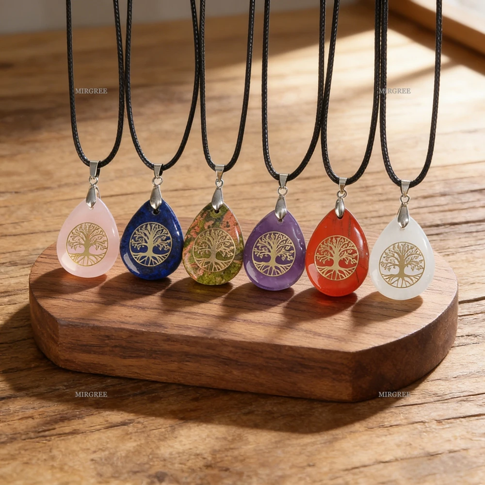 1/2/3 قطعة مزيج وتطابق الأحجار الكريمة الطبيعية قطرة على شكل شجرة الحياة قلادة قلادة ، عيد ميلاد هدية للذكرى السنوية مجوهرات