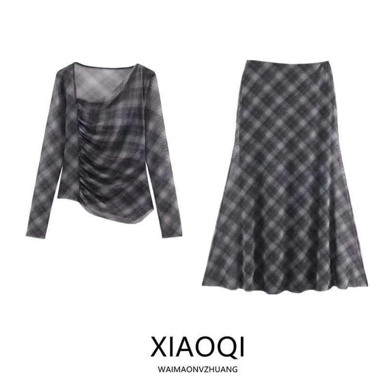 

Осень 2023, новая женская футболка с асимметричным дизайном Long Sve Plaid Silk Me, модный комплект из двух предметов для взрослых