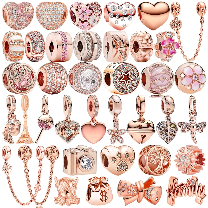 

NEW Europeans Rose Gold Original Charms Family Love Sparkling Flower Heart Clip Dangle Bead Fit Silver Bracelet DlY Jewelry Gift