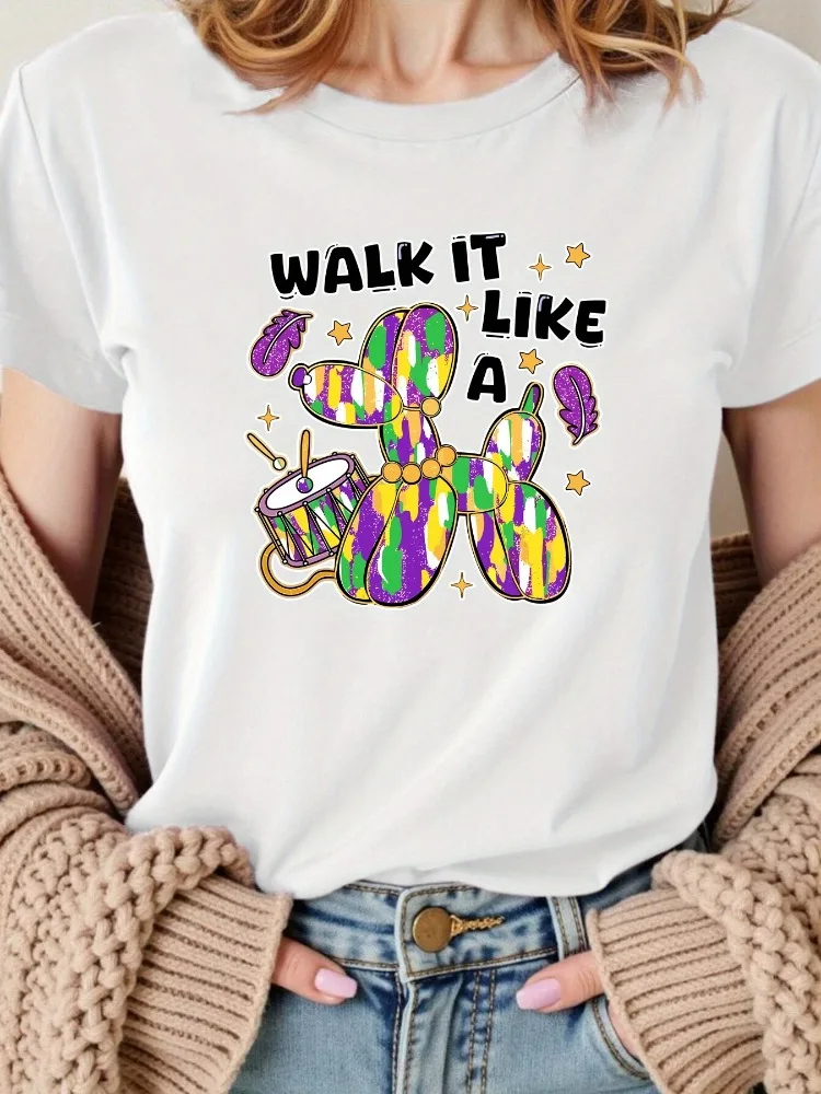 Women's Walking Like A Balloon Dog Pattern Casual T-Shirt Bright Pink Summer Short-Sleeved Round Neck Top Festive Fun Design