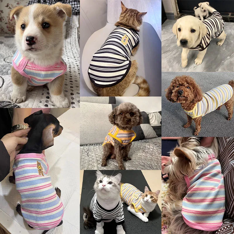 Summer Dog Clothes Bear Print Striped Shirts for Bichon Thin Vest Puppy Cat Soft Vest Fashion Pet Costume French Bulldog Clothes