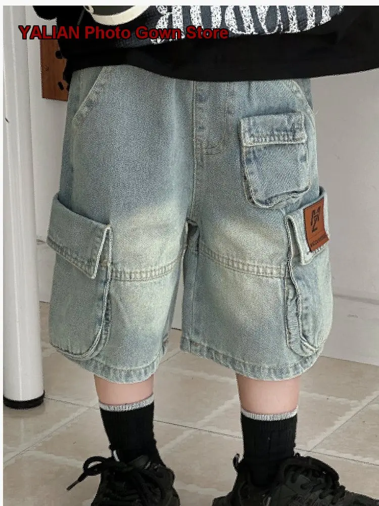 Boys Denim Shorts Kids Summer Korean Style Cool Casual Solid Color Older Kids