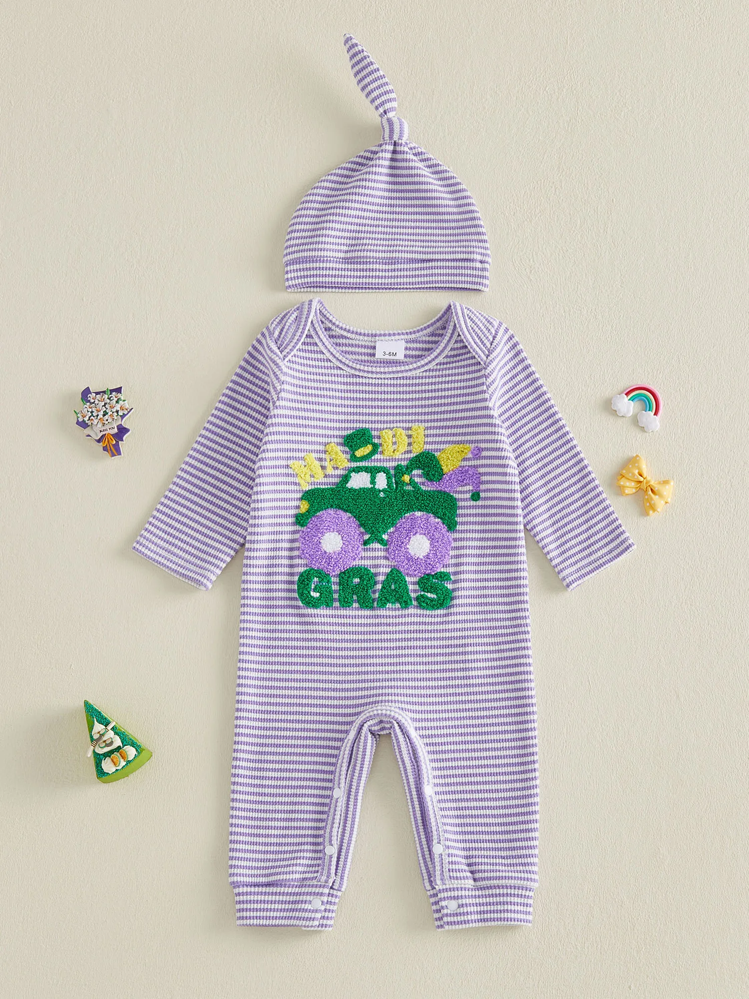 

Комбинезоны для маленьких девочек с милой автомобильной вышивкой, полосатые боди с длинными рукавами для карнавала, включая подходящую шляпу