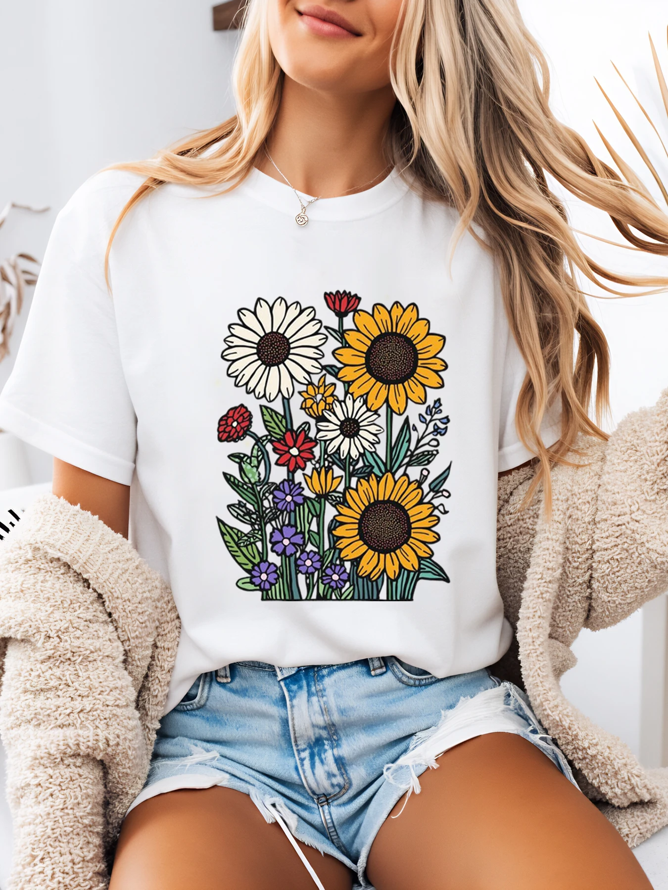

Floral Sunflower Print Summer T-Shirt Women Casual Outfit Beach Vacation White Plus-Size