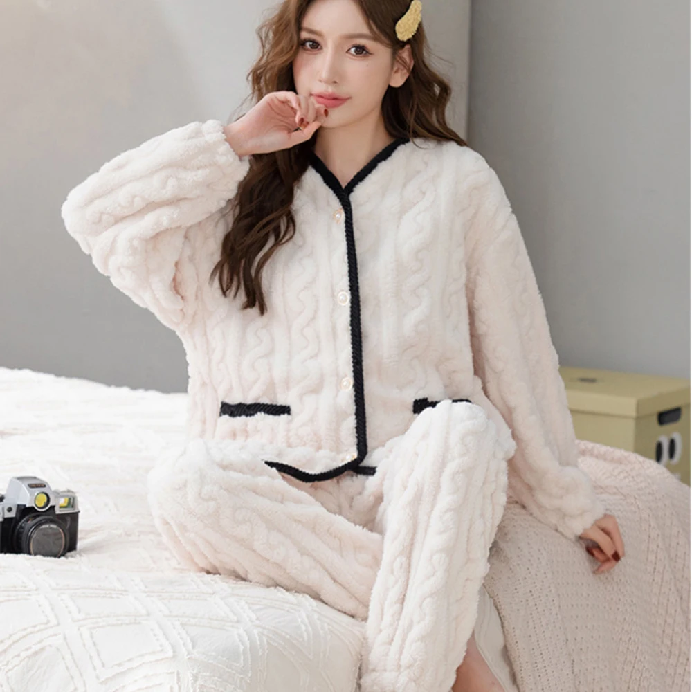 

Women's Pajamas Set Winter Sleepwear Fleece Thick Warm Nightwear Casual Solid Top and Pants Cardigan Suit Pyjamas Set Home Suit