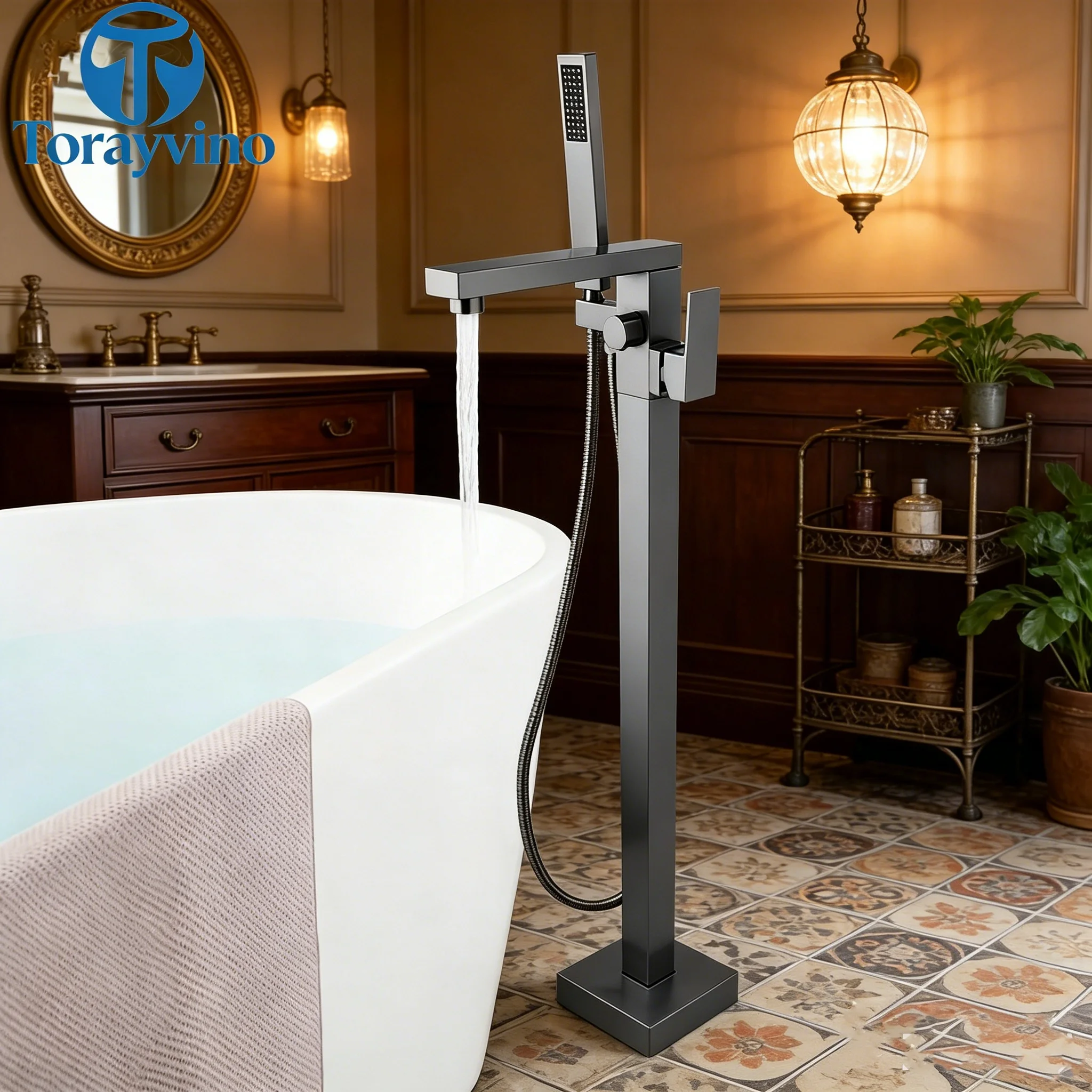 Torayvino Black Bathroom Bathtub Faucet Luxury Outdoor shower faucet system set Freestanding Floor Mount Standing bath Tap mixer