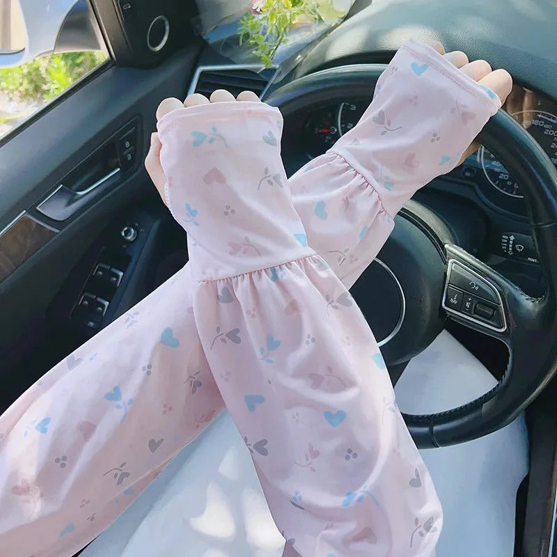 Women's Summer Loose UV Protection Finger-Exposing Ice Sleeve with Cute Floral Print