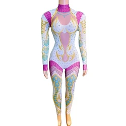 Rhinestones Sparkly Jumpsuit Fashion Sexy Stage Printed Big Stretchy Dance Costume Rompers Nightclub Stage Photoshoot Outfit