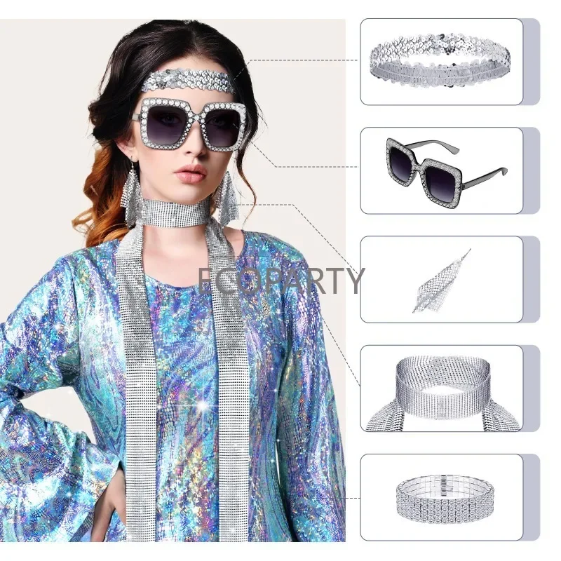 70er Jahre Disco Frauen Kostüm Outfit und Accessoires glänzenden Kopf mit Sonnenbrille Halskette Ohrringe Armband für Stage Performance Party