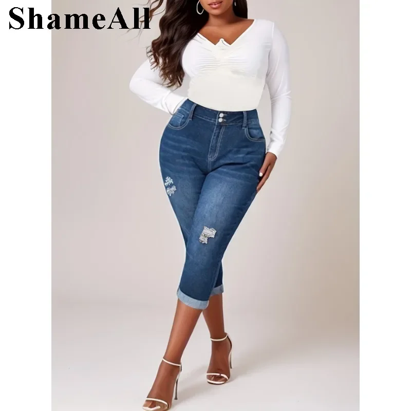 

Women's Plus Size Casual Jeans, Washed Button Fly Ripped Roll Up Hem High Rise Skinny Capri Jeans