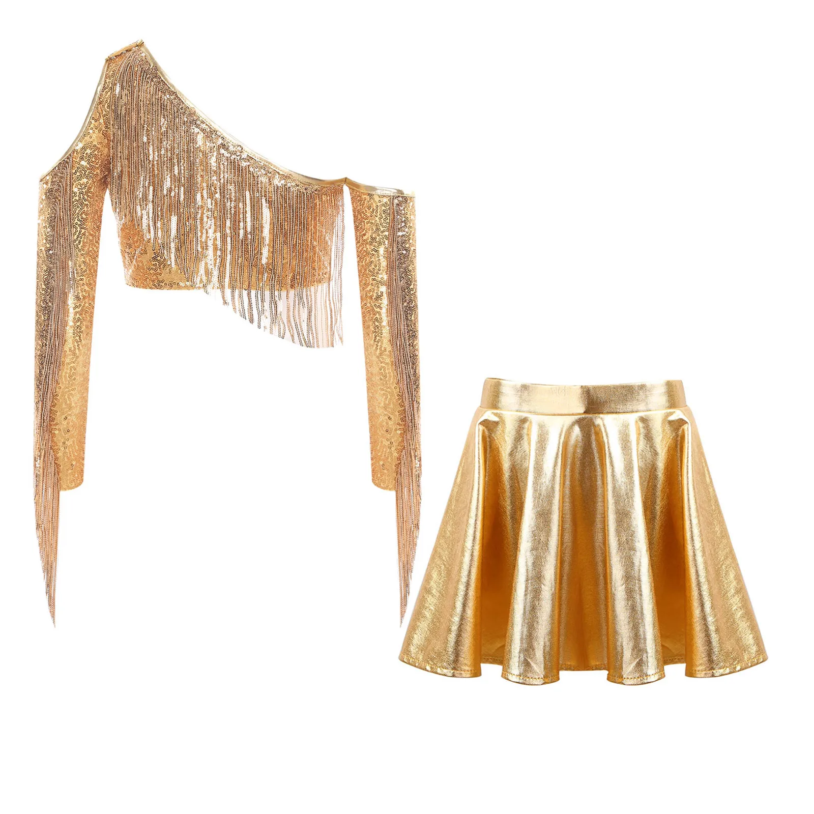 Kids Girls Metallic Shiny Dance Outfits Tassel Childs Sequined Two Pieces Sets for Street Jazz Dance Performance Stage Costume