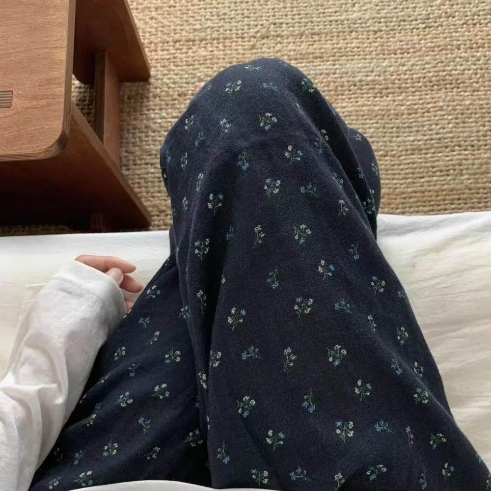 Women Floral Print Pajama Pants Y2K Layer Gauze Loose Straight Sleep Pants Soft Casual Home Trousers Female Loungewear Sleepwear