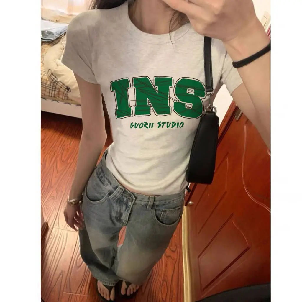 American Style Sweet Spicy Short Sleeve Cotton T-Shirt Women's Slim Fit Printed Casual Top Shoulder Width Regular Length