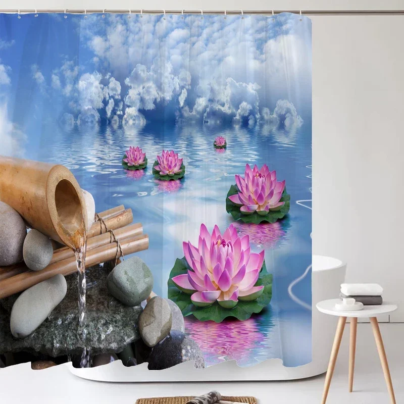 Zen Stone Bamboo Lotus Flowers Shower Curtain Set Non-slip Carpet Bath Mats Flowing Water Pattern Bathroom Curtains Toilet Cover