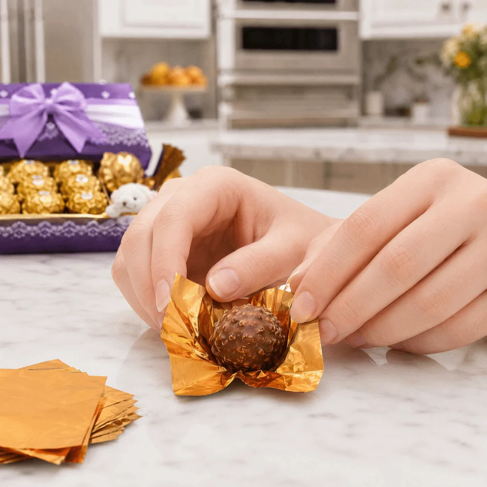 100pcs Glossy Surface Foil Candy Wrappers Pre-Cut Aluminum Foil Chocolate Wrapping Sheets Chocolate Wrappers Kitchen Cooking