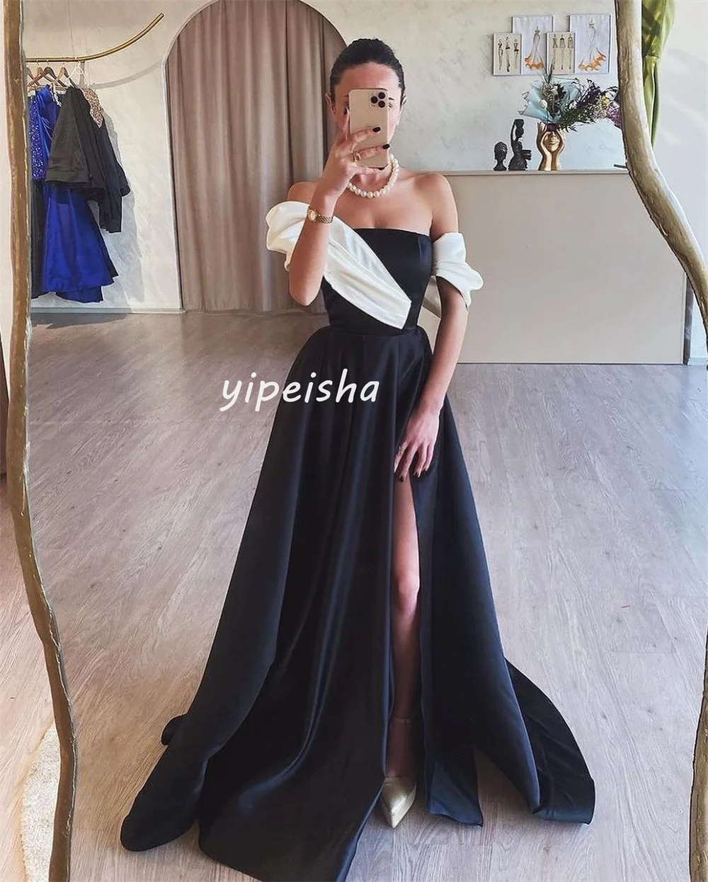 Customized Classic Jersey A-line Off-the-shoulder Long Dresses Homecoming Dresses Modern Style Pastrol Unisex Chinese Style Form