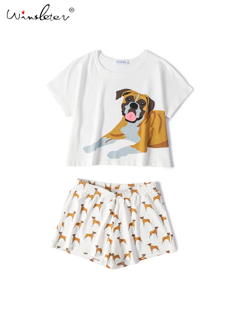 Cute Pajama Sets Boxer Print Cotton Loose Top + Shorts Elastic Waist 2 Pieces Set Dog Pajamas Lounge Nightwear 09