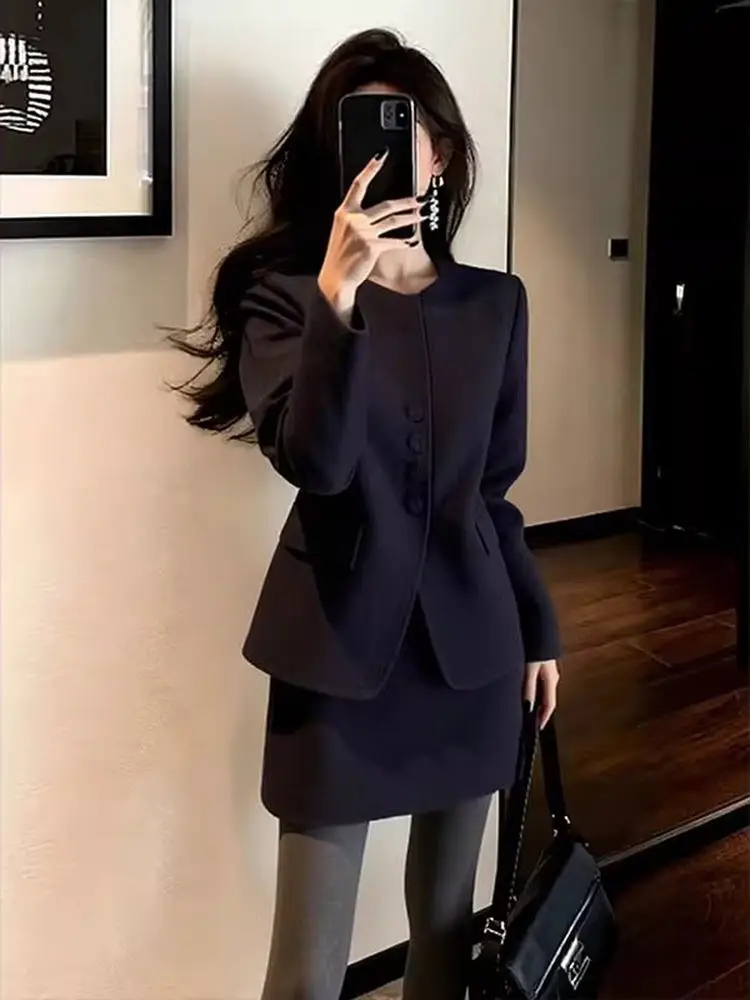 

Ladies Large Size Autumn Winter Set Black Woolen Suiting Jacket And Skirt Two Piece Casual Fashion Ensemble for Women