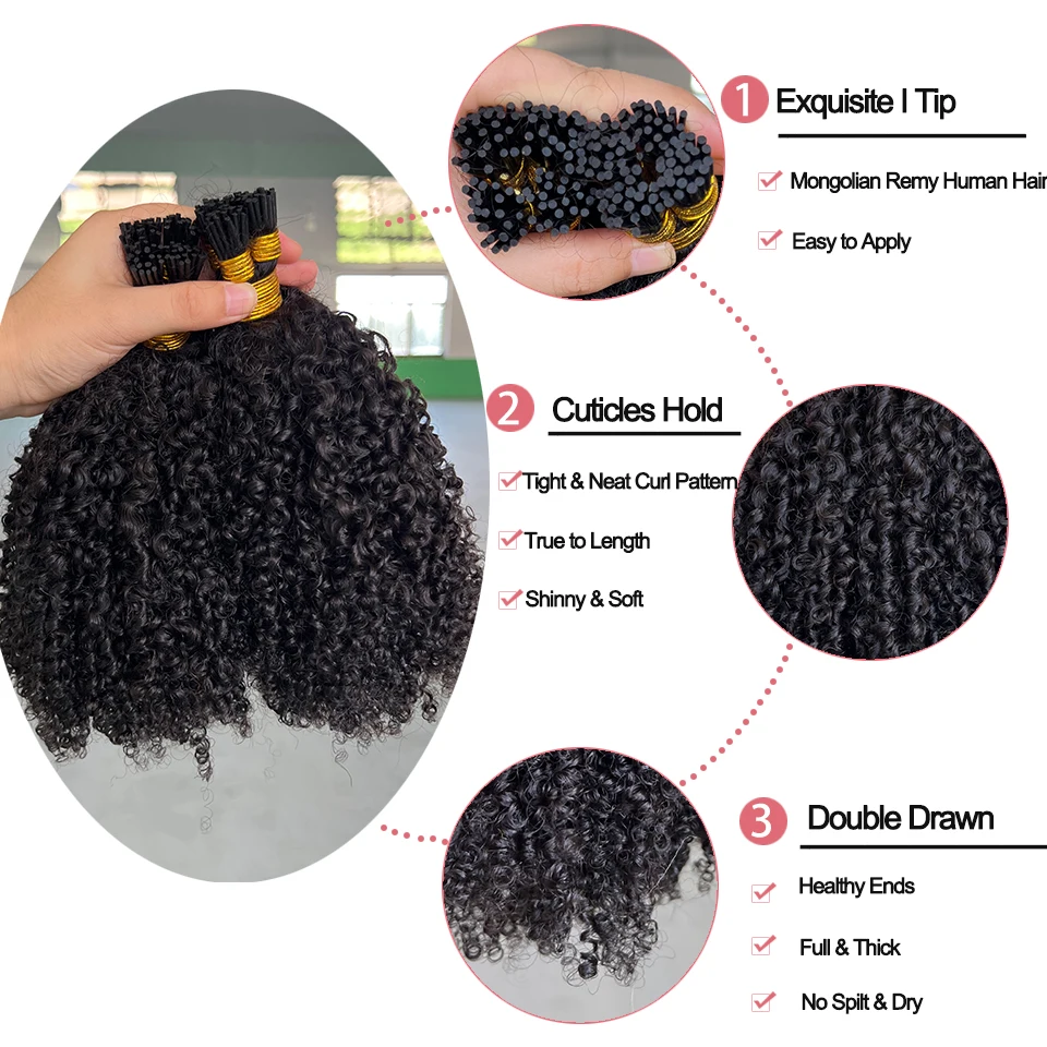 Extensions de cheveux afro crépus bouclés pour femmes noires, vrais cheveux humains mongols Remy ktHair, I Tip