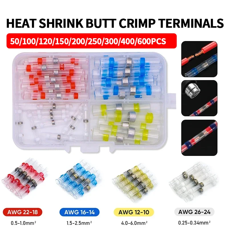 

600/50Pcs Heat Shrink Butt Crimp Terminals Waterproof Solder Seal Electrical Connectors Wire Cable Splice Kit