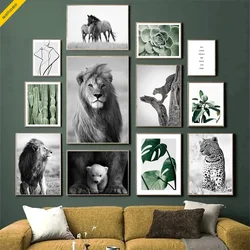 Nordic Monstera Leaf Green Plant Poster with Animal Lion Leopard Horse Photos, Decorative Canvas Wall Art Picture for Home Decor