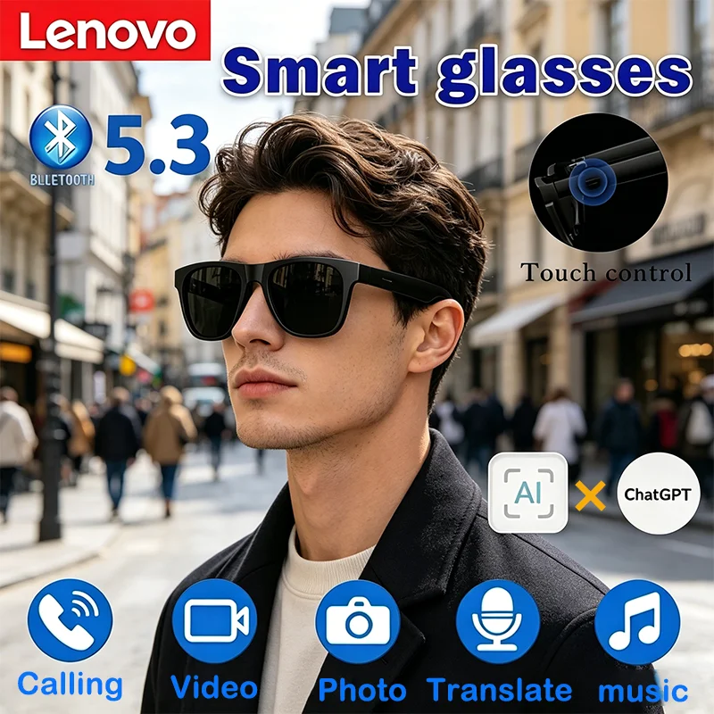 Lunettes intelligentes tactiles avec télécommande IA Lenovo, caméra photo HD 8K, enregistreur, traducteur, assistant vocal, musique, lunettes de soleil Bluetooth