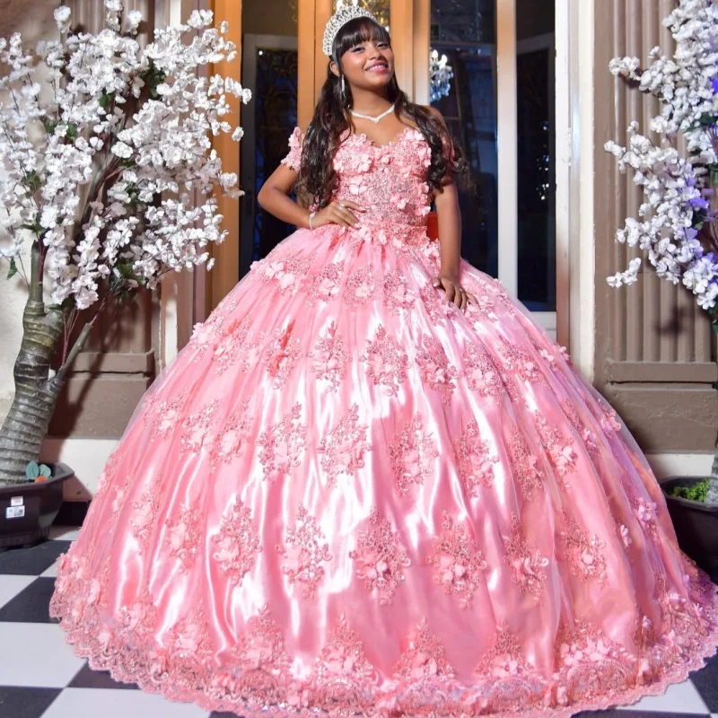 

Pink Quinceanera Dress off-shoulder Sequins 3D Flower Decal Layering Long tail Bow vestidos de 15 Quinceanera ﻿Customize