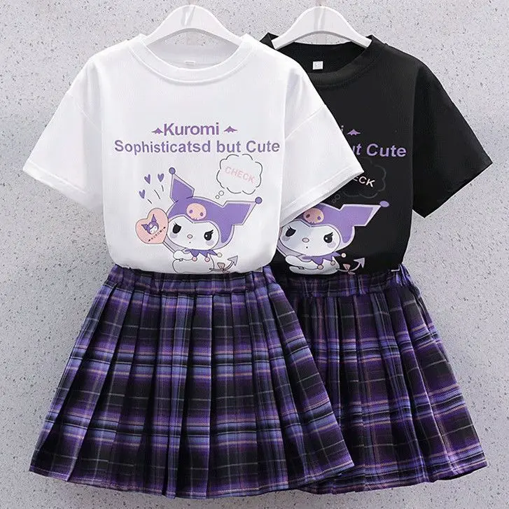 Kawaii Sanrioed My Melody Kuromi Girl Pleated Skirt Two Piece Set Fashion Jk Suit Short Sleeve Preppy Summer Girls Clothes Gift