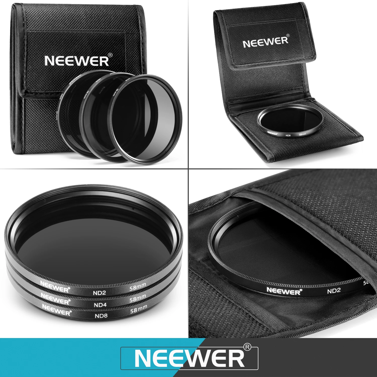 NEEWER ND/CPL/UV/FLD/Close Up Kit di accessori per filtri e lenti con ND2 ND4 ND8, filtri di chiusura (+ 1/+ 2/+ 4/+ 10), cappuccio per lenti a