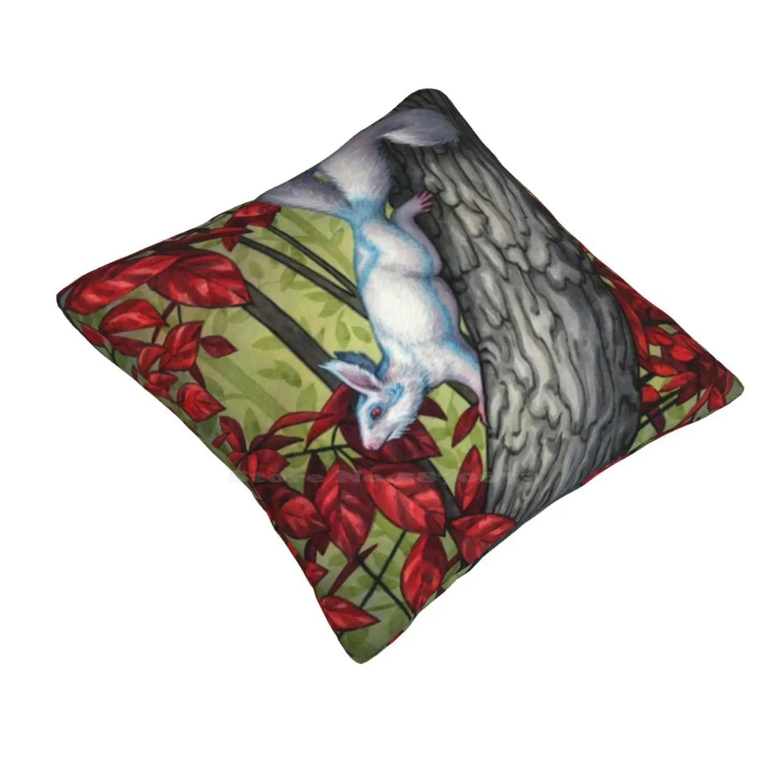 Autumn Spirit Funny Cute Decor Square Pillowcase Squirrel Nature Fall Albino Spirit Magic Fantasy Forest Trees Red Leaves