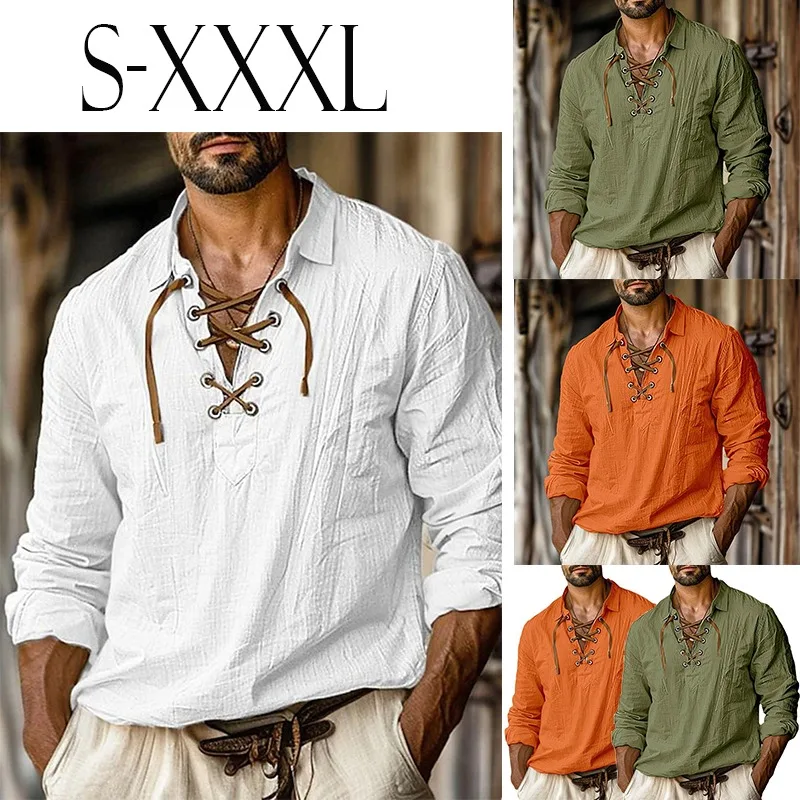 

Fashion V-neck Lace-Up Long Sleeve Shirt for Men Solid Breathable Cotton Blended Lapel Shirt Loose Casual Literary T-shirt Top