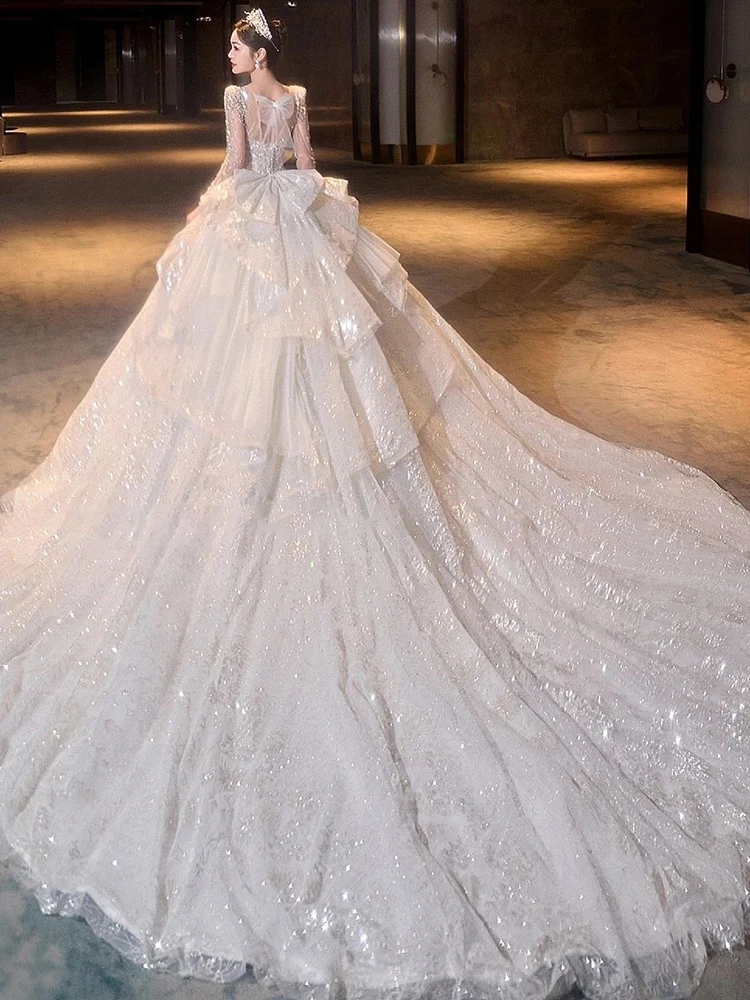 Vestido de novia de lujo con cuello barco, Vestido de novia de manga larga con Apliques de encaje, tren de barrido para mujeres embarazadas, personalizado, 2024