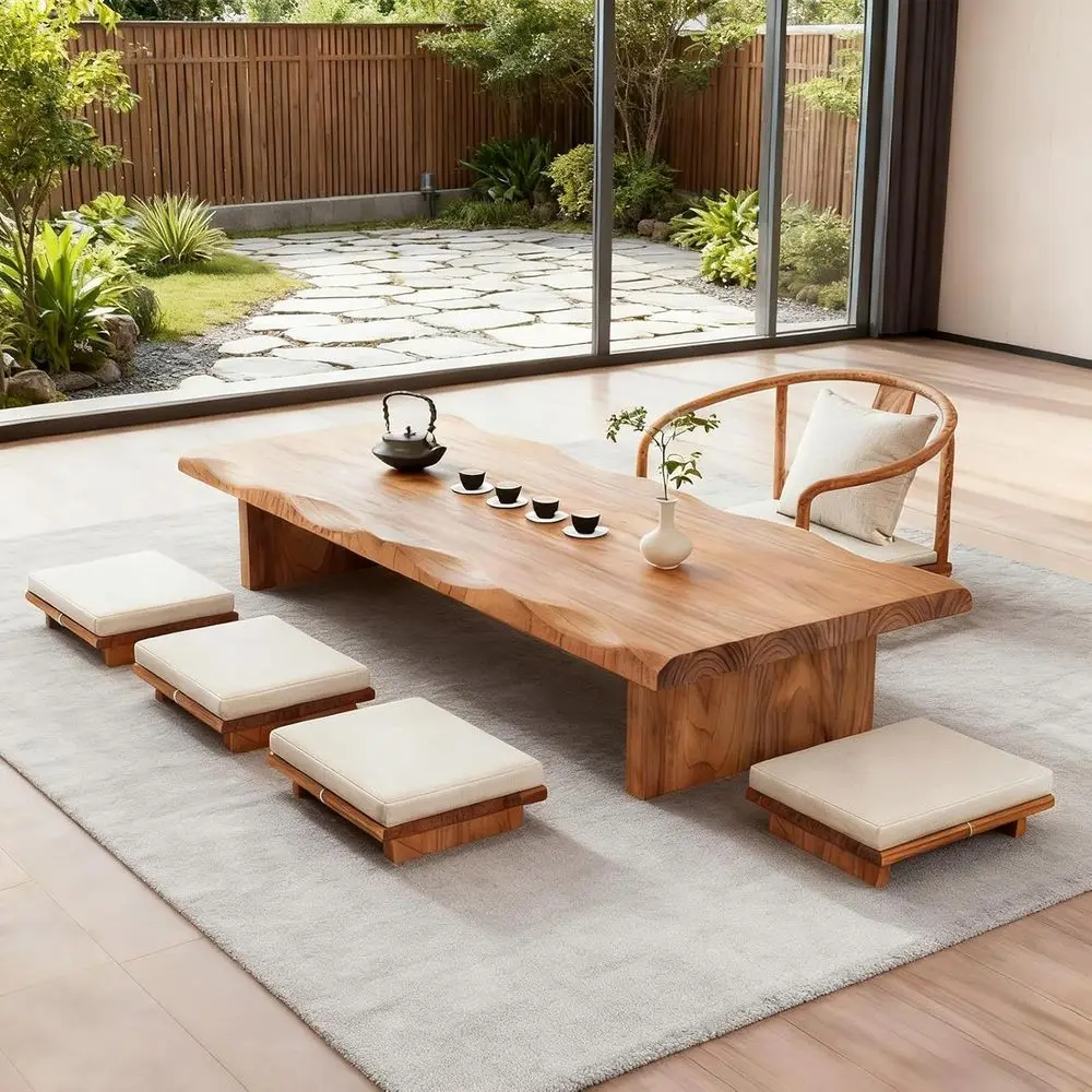 

Japanese Tatami Floor Table with Live Edge, Rectangular Low Coffee & Tea Table for Sitting On The Floor, Meditation Altar Tables