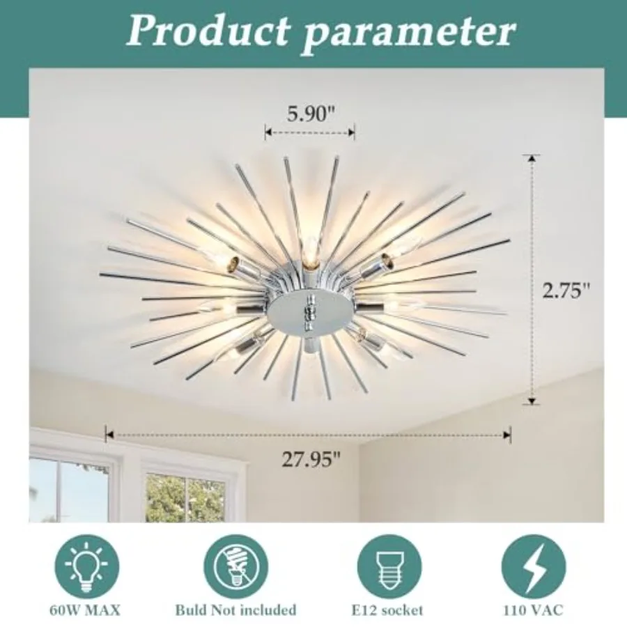 Semi Flush Mount 8 Light Ceiling Light Modern Metal Ceiling Lighting Chrome Light Fixture Chandelier for Farmhouse Kitchen Dini