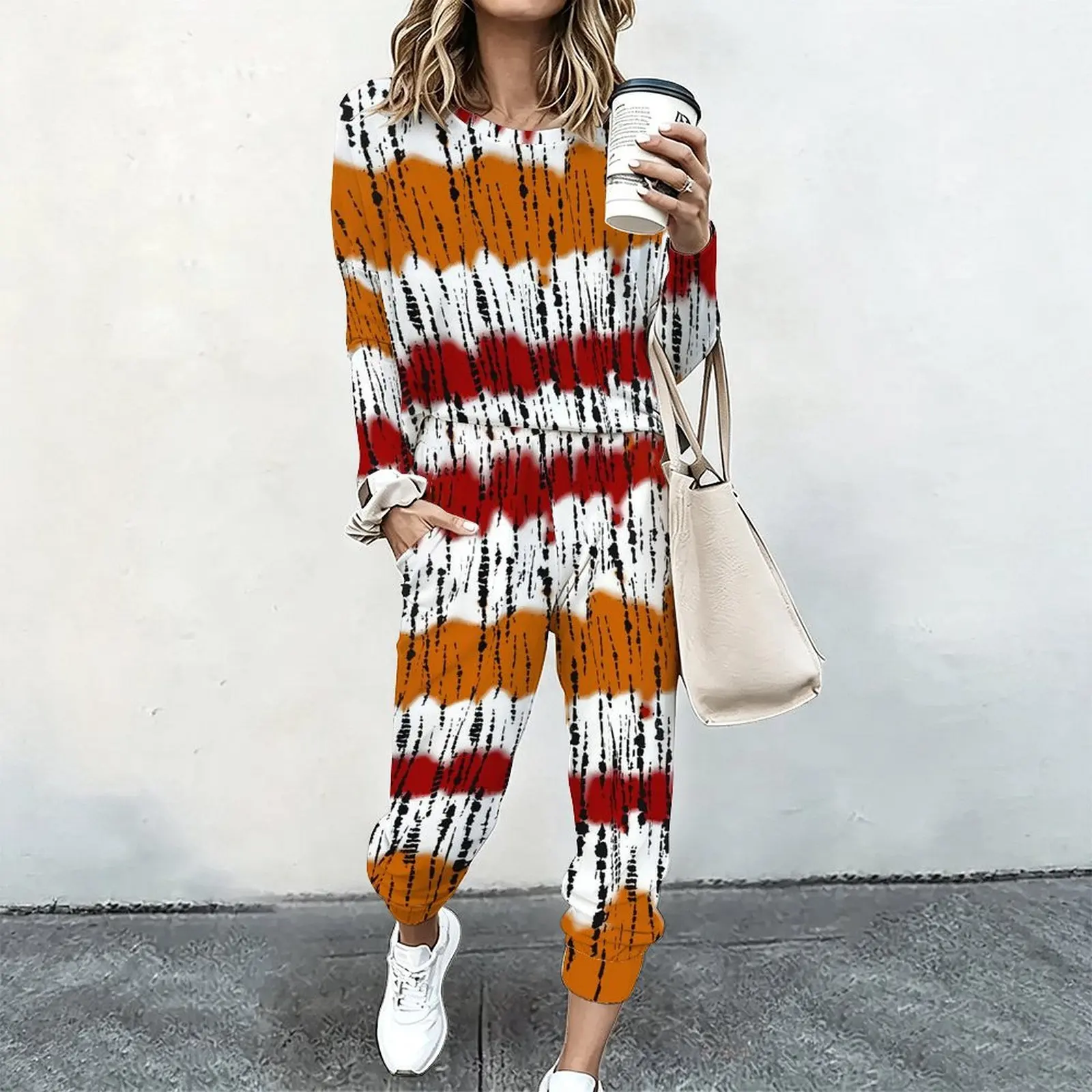 Women 2 Piece Tracksuit Set Print Long Sleeve Crew Neck Top And Jogger Pants Casual Streetwear Outfit With Pockets