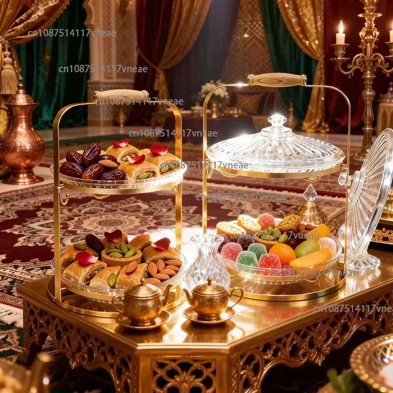 Arabic Islamic Gold Metal Snack Tray Stand With Crystal Glass Lid Cover for Ramadan Eid Wedding Party Home Decor Gift