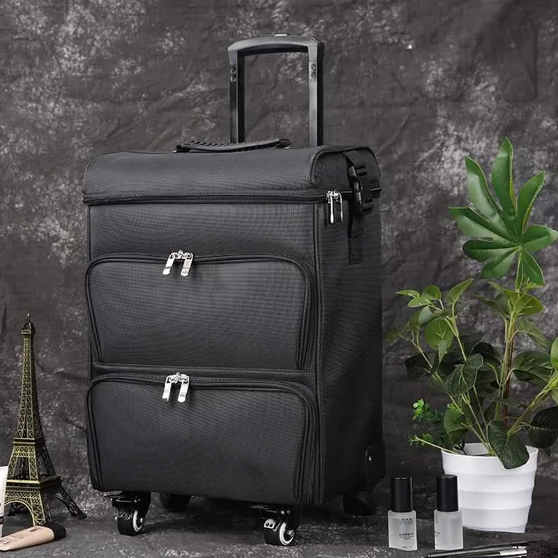 Pull Bar Cosmetic Case Beauty Tattoo Salons Trolley Suitcase Canvas Lightweight Nail Makeup Toolbox Luggage Bag on Wheels