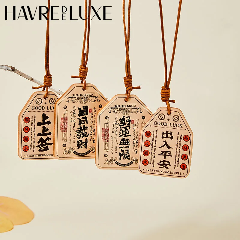 Cowhide leather bag charm Chinese auspicious words Good luck peace and happiness good meaning handmade healing pendant