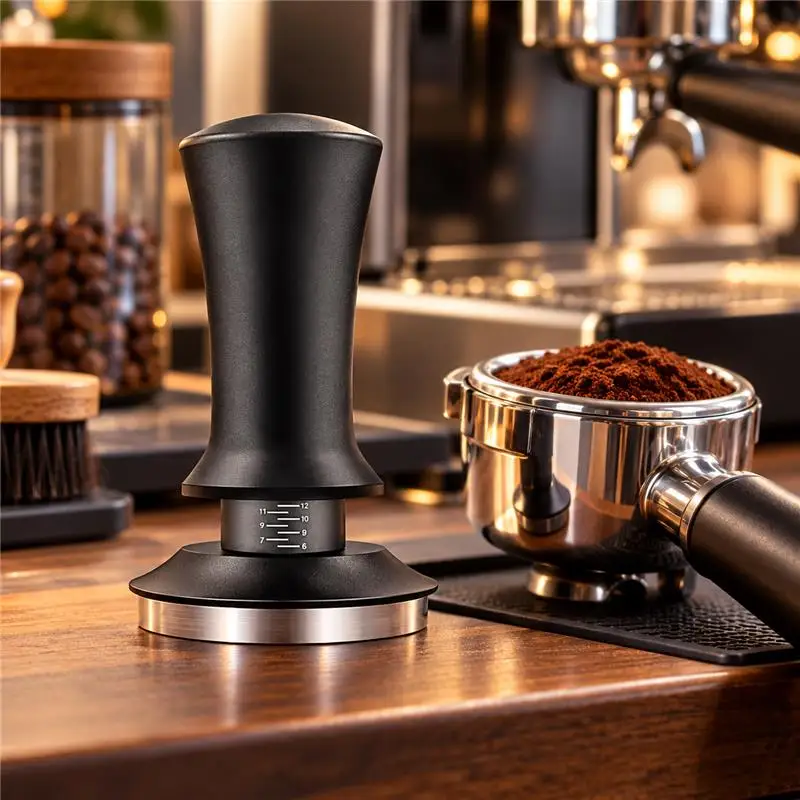 BIGE Adjustable 30LB Spring Espresso Tamper 304 Stainless Steel Ripple Base Leveling Plate Black Coffee Tool